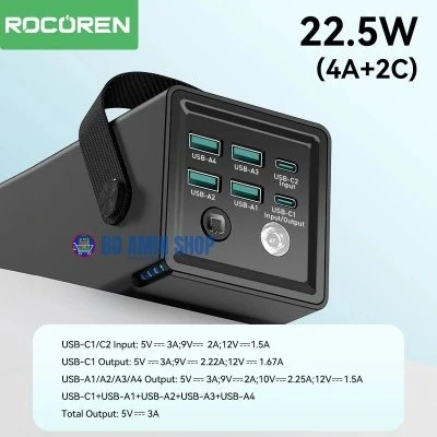 Rocoren 50,000mAh 22.5W Power Bank – 6-Port USB & Type-C with Flashlight