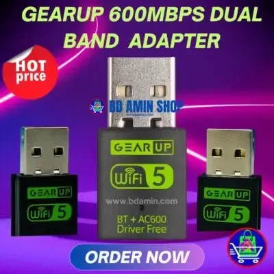 GearUP 600Mbps Dual Band WiFi + Bluetooth Adapter For Windows PC/Laptop | Driver Free, 2.4GHz + 5GHz | WiFi Hotspot Supported