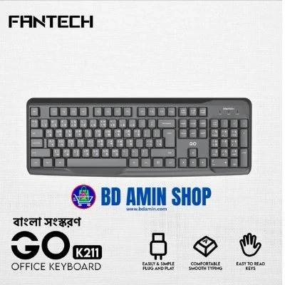 Fantech GO K211 Bangla Keyboard | Ergonomic Design, USB Wired, Spill Resistant